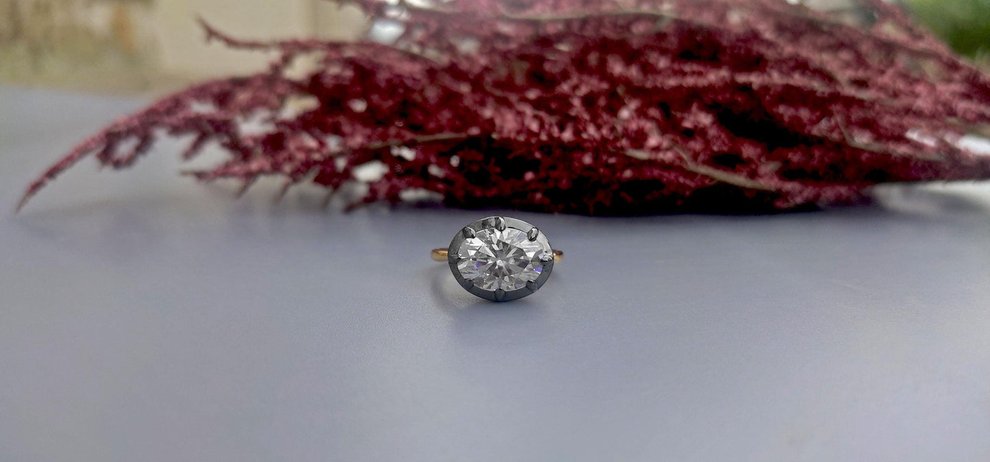 East west set Oval Moissanite Button Back Georgian Cut Down Set Solitaire Engagement ring, blackened gold ring ring for women, Ring for her.