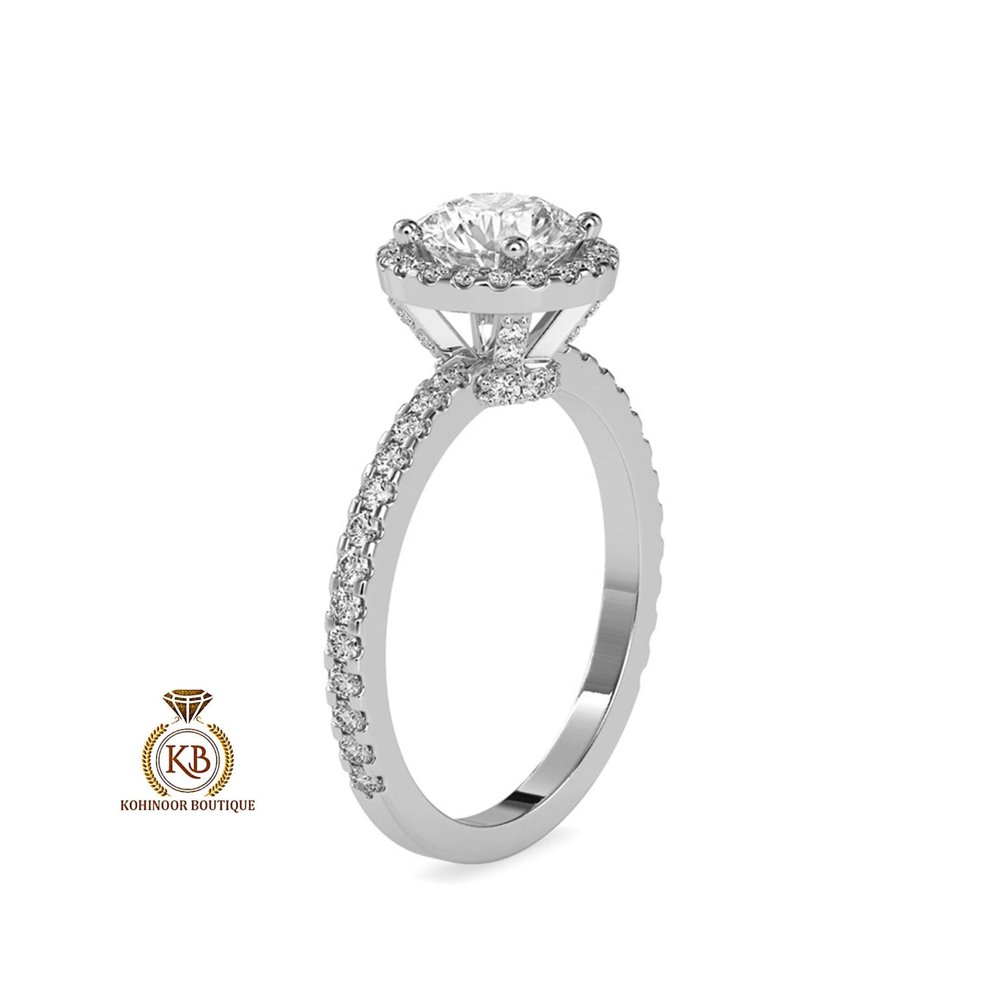 Round Cut Moissanite Double Halo with Under Halo, side U cut pave band with pave basket Engagement ring.
