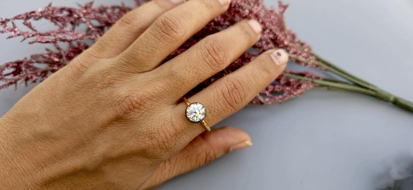 Old European Cut OEC Round Button Back Georgian Cut Down Set blackened gold Moissanite Solitaire Engagement ring