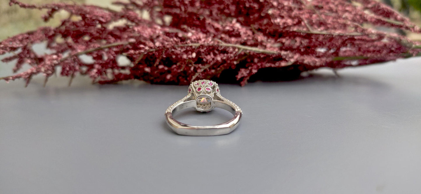 Vintage Cushion Cut Cathedral set Moissanite Double Halo double side pave milgrain pave basket with Lab rubies and and pave basket band.