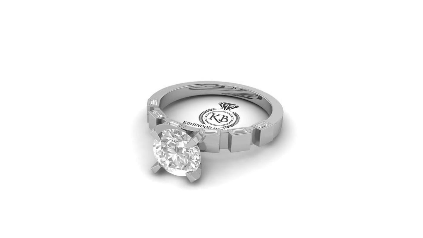 Baguette and Round Cut Moissanite Pave Solitaire Engagement ring, Ring for her, Gift for wife, Rings for women