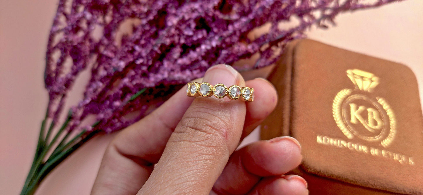 Vintage Rose Cut Round Moissanite Milgrain bezel set Full\Half Eternity wedding band, stackable Vintage ring, Art deco wedding band