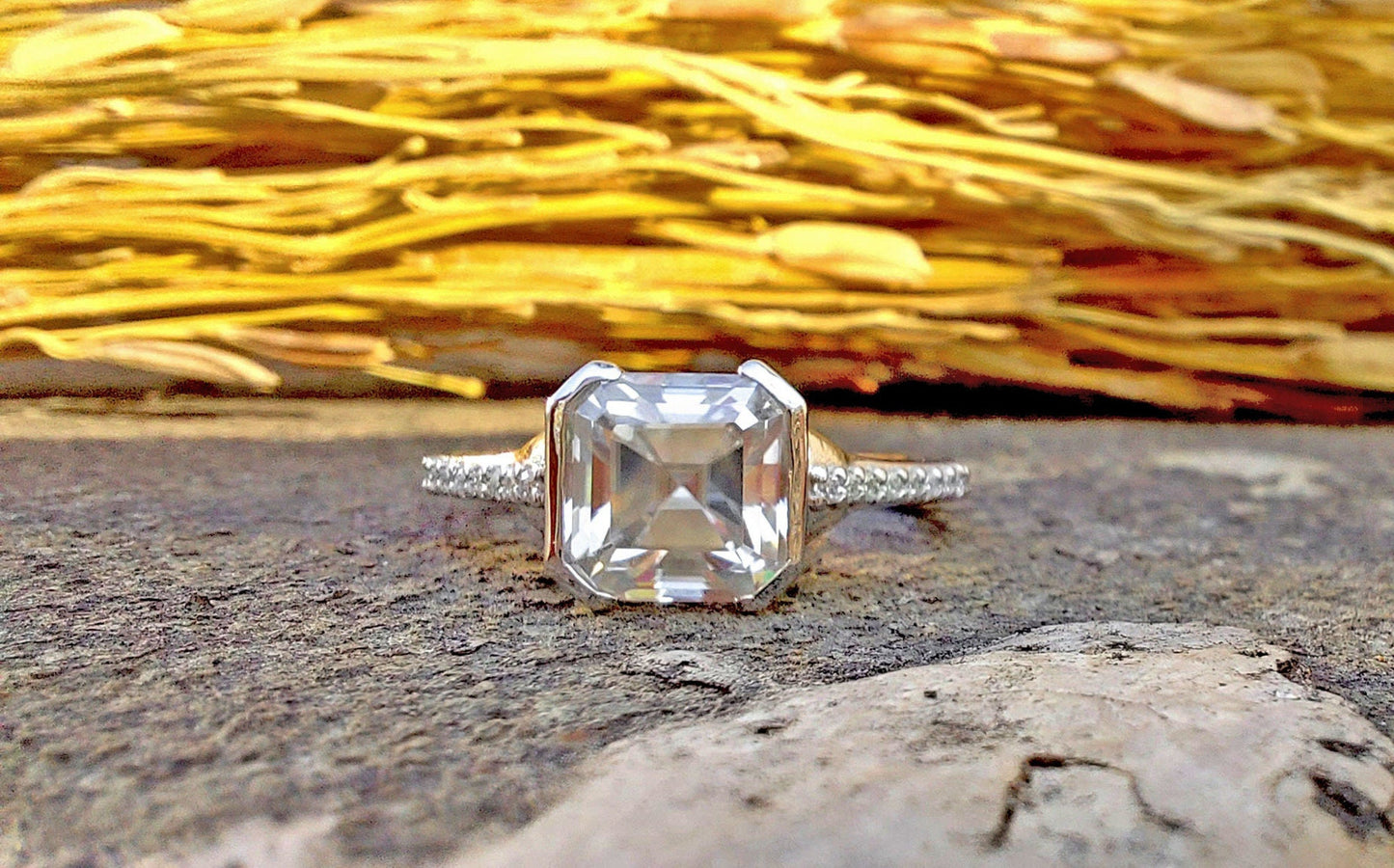 Asscher cut Half Bezel Moissanite Solitaire with side pave Engagement Ring , Promise\proposal Ring with 18k\14k\10k White\Yellow\Rose Gold