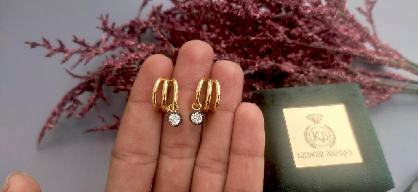 Round Moissanite button back Georgian cut down tripset hoops ,2 in 1  statement earring, blackened gold earrings.