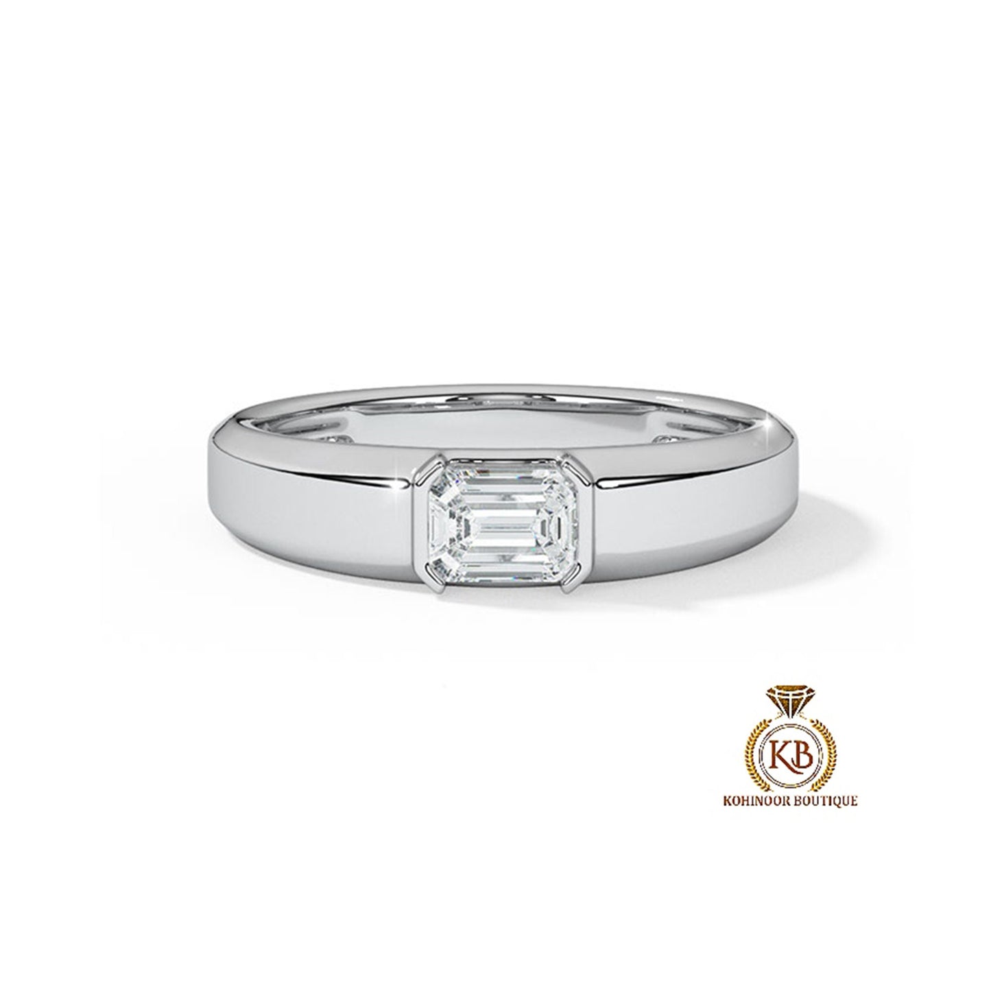 East West half bezel Set Emerald Moissanite Solitaire Engagement ring, unisex ring, ring for women, ring for men, promise proposal ring
