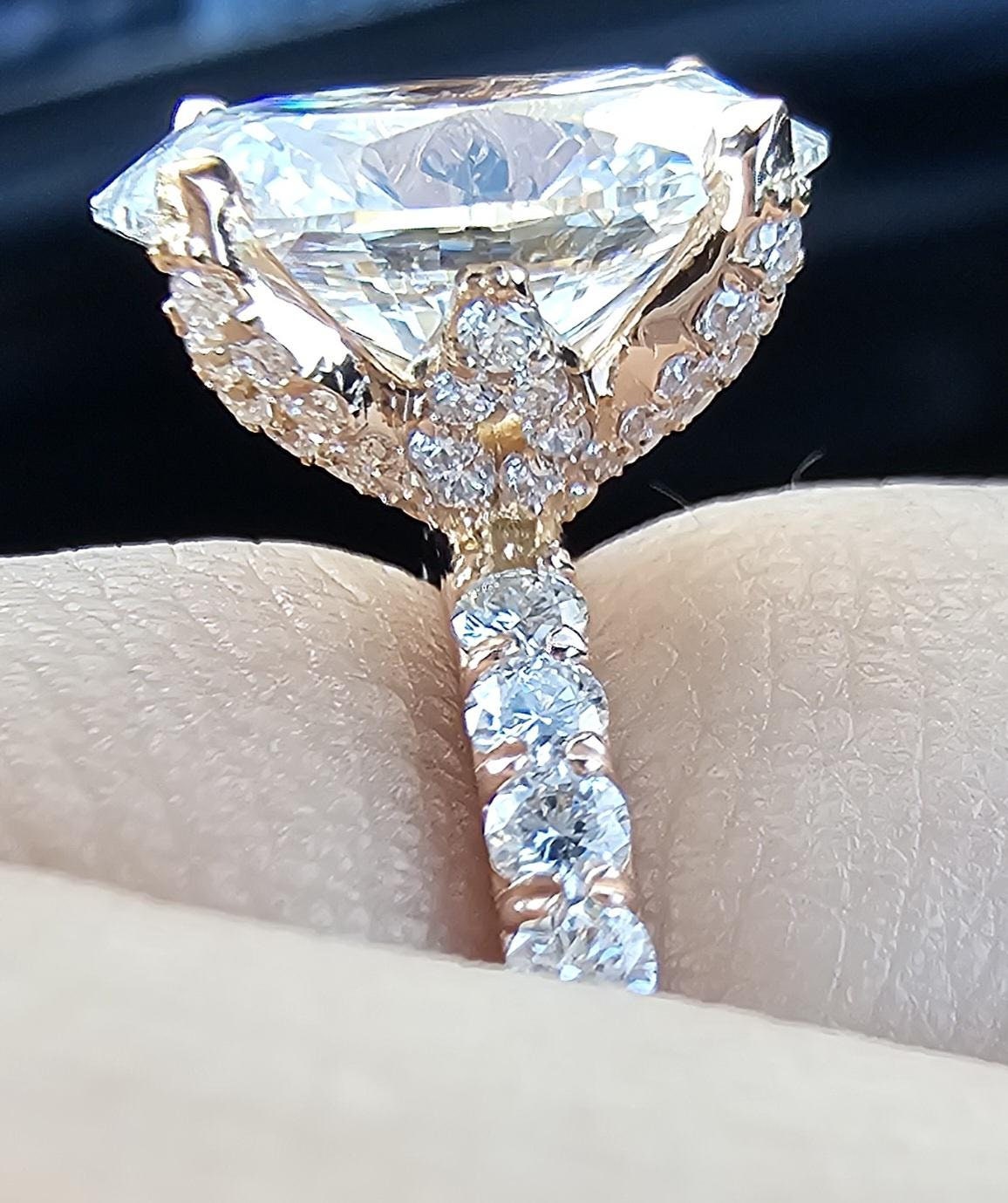 Tulip Lotus Prong Oval Moissanite Solitaire Engagement Ring with Pave basket and French set Pave band, petal prong ring, tulip prong ring.