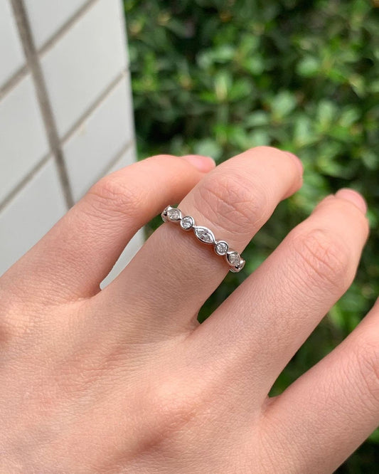 Marquise and Round Bezel Set Moissanite wedding band, stackable minimalist ring, Full Eternity Ring, wedding gift, anniversary gift for wife