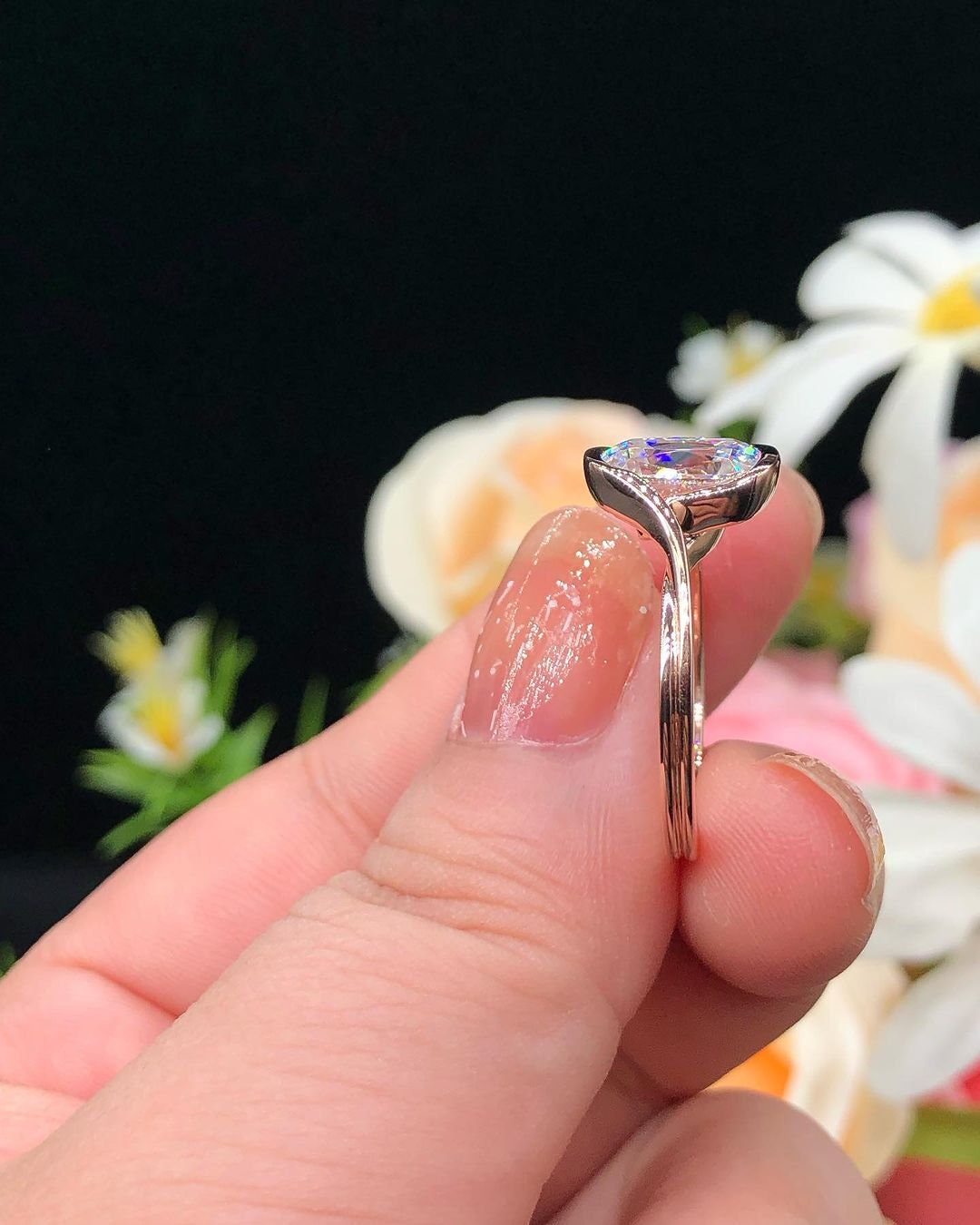 Old Mine Cut OMC Elongated Cushion Cut Moissanite Engagement Ring, Antique Half Bezel Set. Unique Solitaire proposal ring, ring for her.