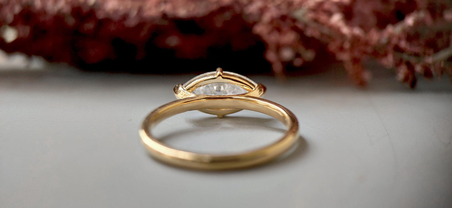 East-West Marquise Moissanite Compass set Solitaire Engagement Ring, Anniversary gift for wife in 10k,14k,18k Gold, Platinum and Silver
