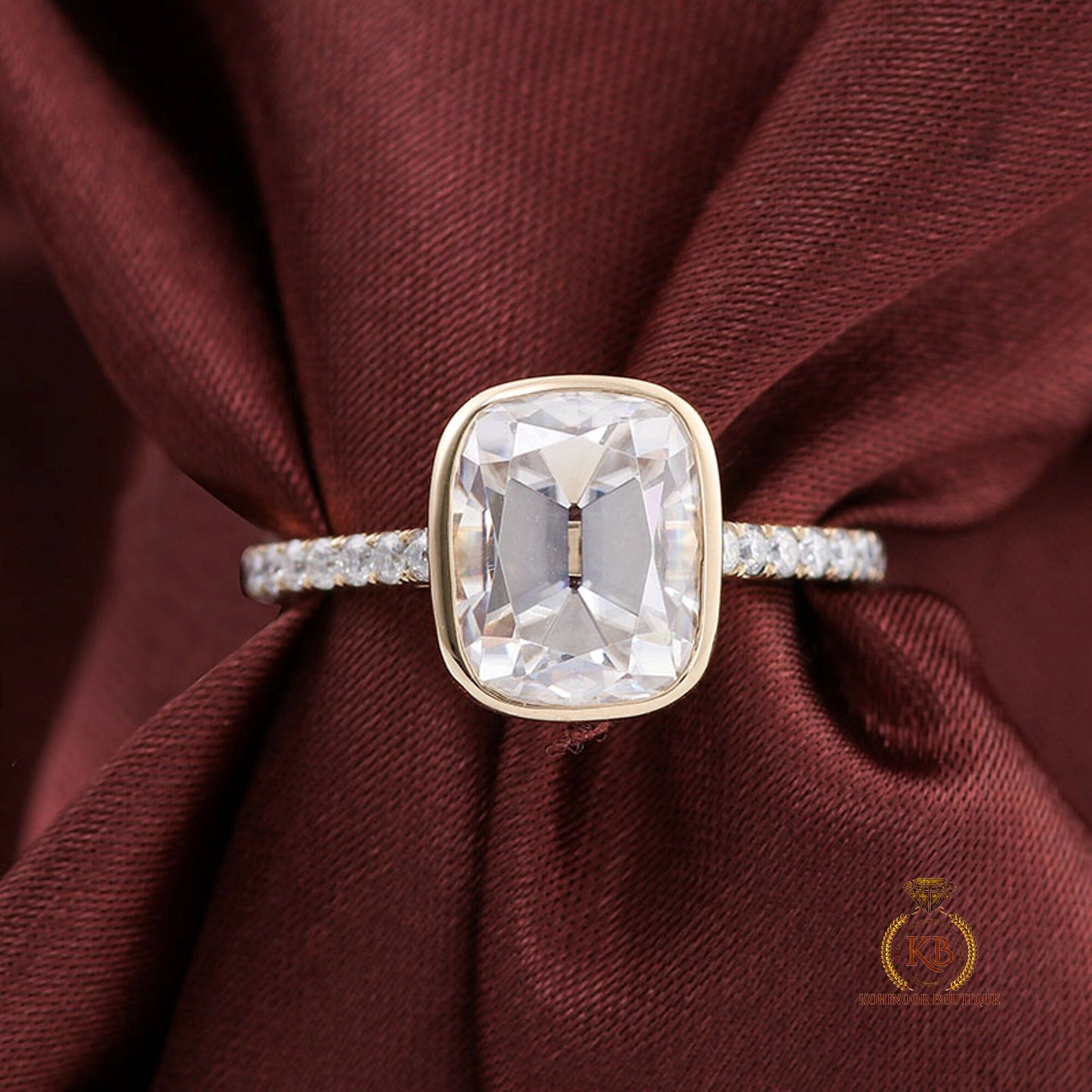 Old Mine Cut OMC Elongated Cushion Cut Bezel Cathedral set with side pave Moissanite Engagement Ring, Antique Bezel Set ring.