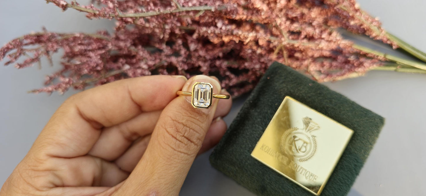 Bezel Set Emerald Moissanite with Tulip basket Solitaire ring, Engagement ring for her, ring for women, proposal ring