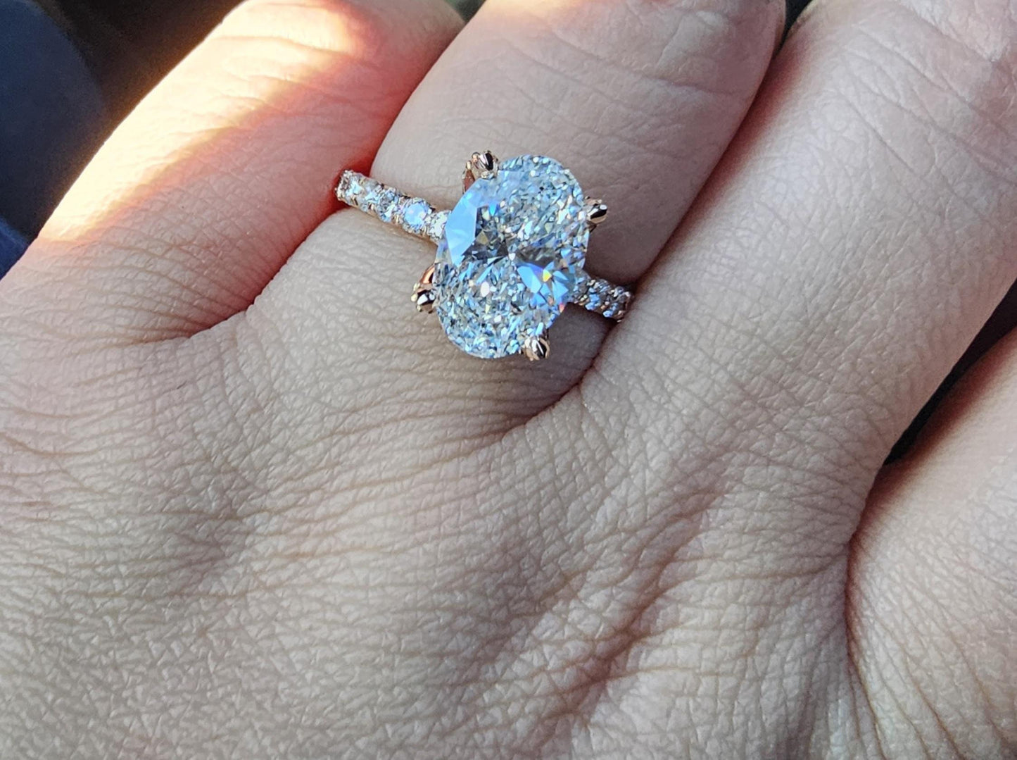 Tulip Lotus Prong Oval Moissanite Solitaire Engagement Ring with Pave basket and French set Pave band, petal prong ring, tulip prong ring.