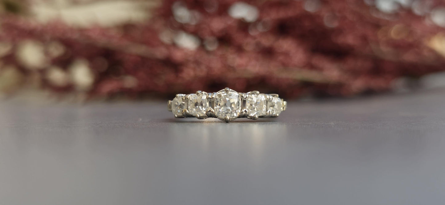 5 stone graduated OMC Old Mine Cut Cushion Moissanite ring, Anniversary Band, Anniversary gift for wife, ring for her, Right-hand ring