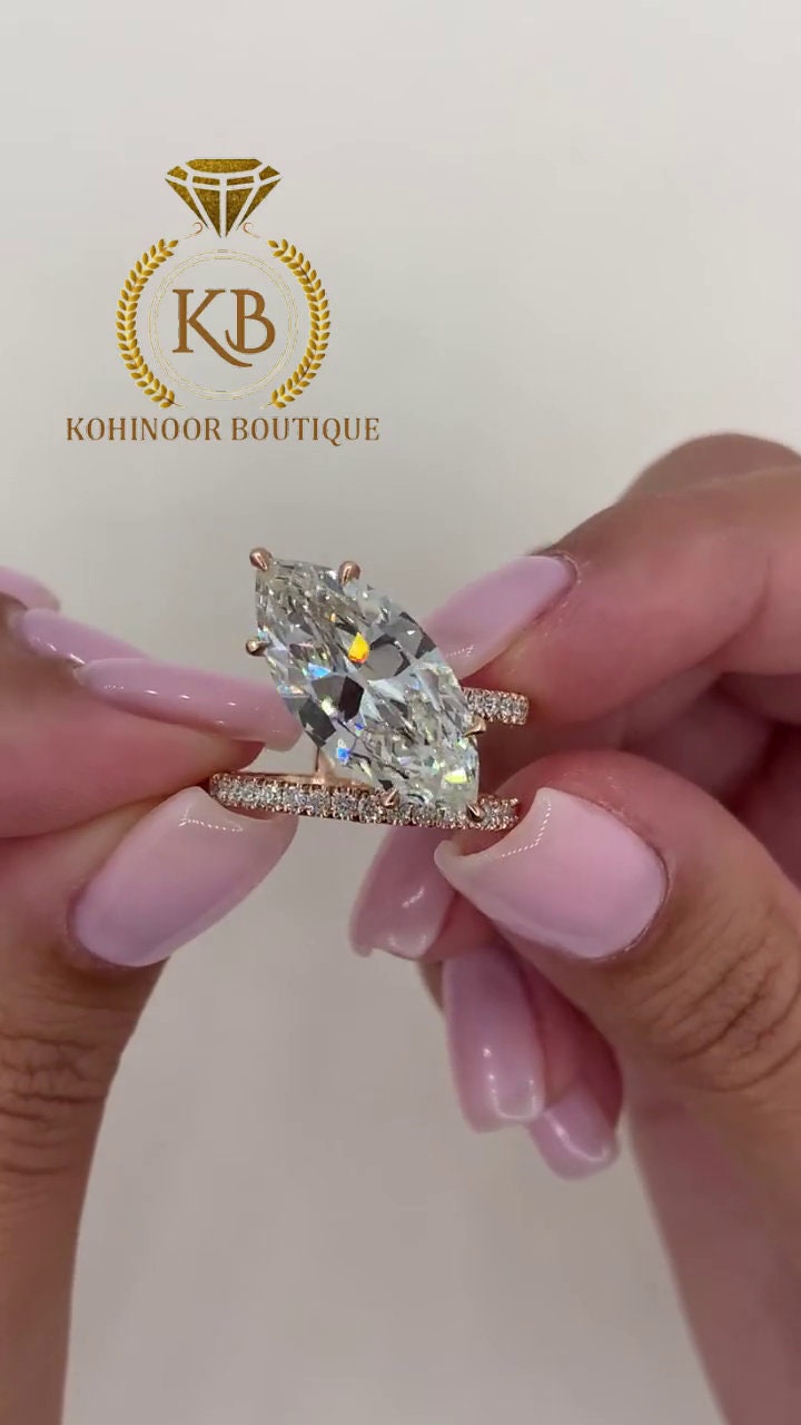 Unique Tilted Floating Marquise Cut Moissanite Double Band Solitaire Engagement\Bridal\propose\anniversary Ring