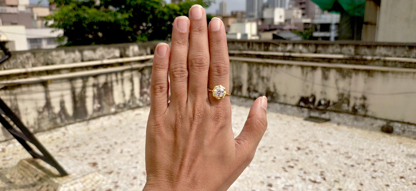 Round Moissanite Hexagon shaped bezel prong set Solitaire Engagement Ring with open gallery, ring for her, ring for women, statement ring.
