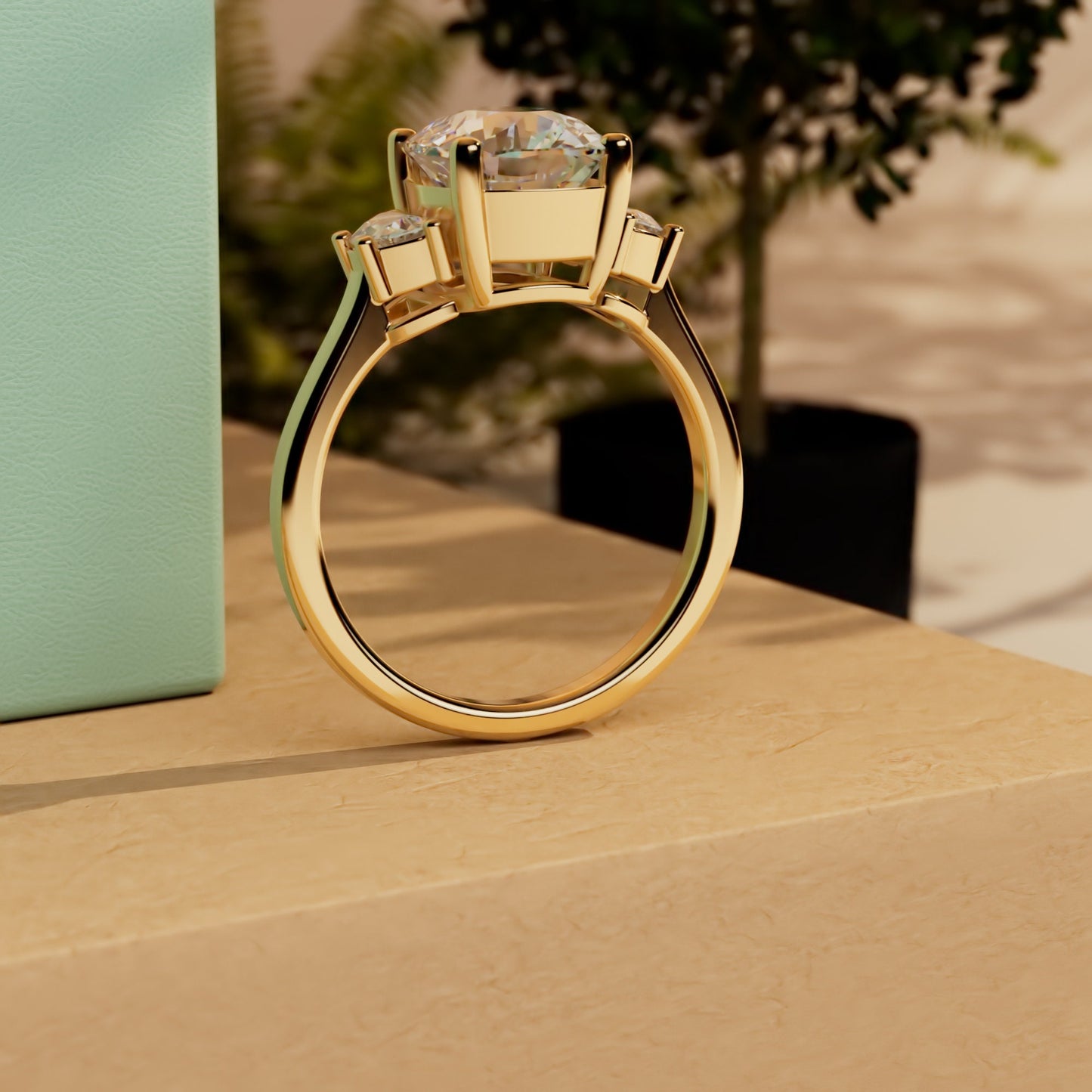 Old mine cut Elongated cushion and Half moon cut 3 stone Moissanite Engagement Ring Wedding anniversary gift for wife