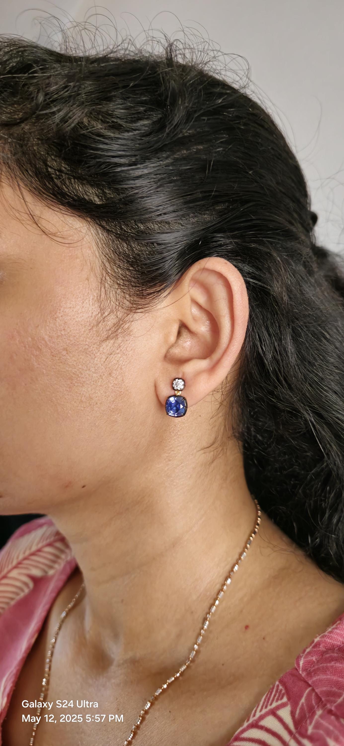 Georgian cut down button back set cushion moissanite and lab grown sapphire earrings, Earrings for women