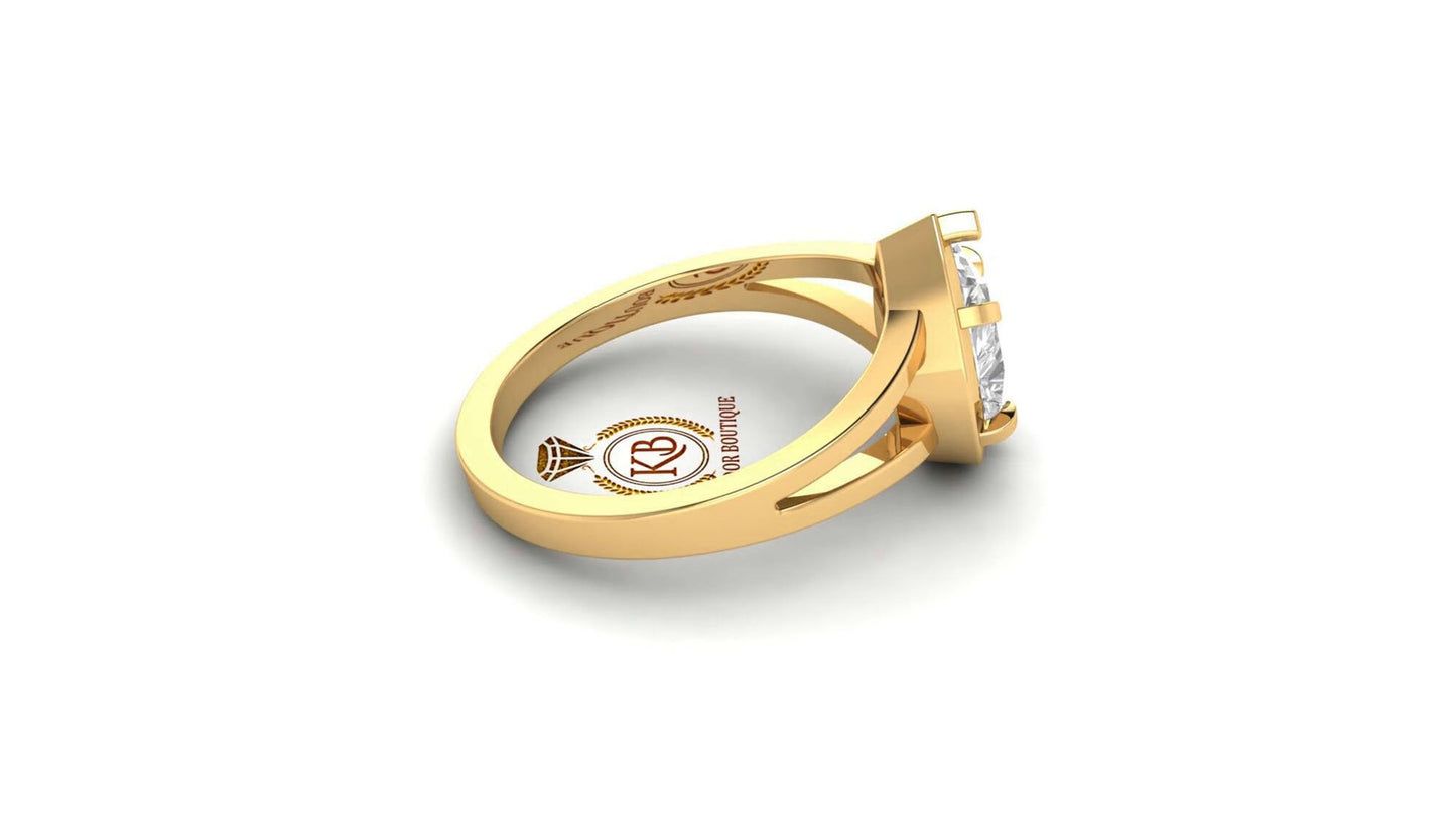 Pear-shaped Georgian cut down Collet set Split shank Moissanite Solitaire Engagement ring, low-set on the finger, low-set on the finger.