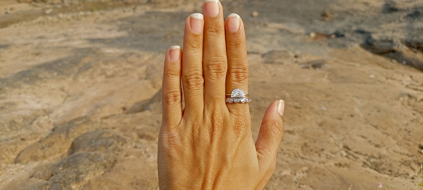 Half Moon Moissanite halo Engagement ring with Half moon Wedding band,Modern Bridal Ring Set,Ring for her,Gift for women,Half moon lace band