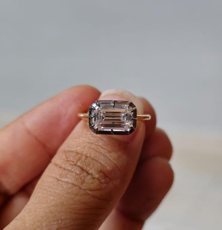 Lab grown East West set Elongated Emerald Cut Georgian cut down button back solitaire engagement ring, ring for her, ring for women