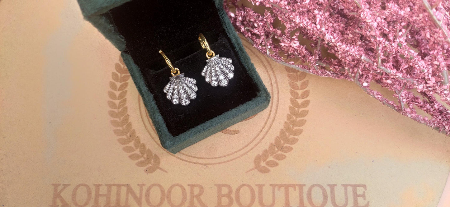 Lab grown diamond Shell shaped Georgian cut down button back set earrings, Huggie for women, earrings for women