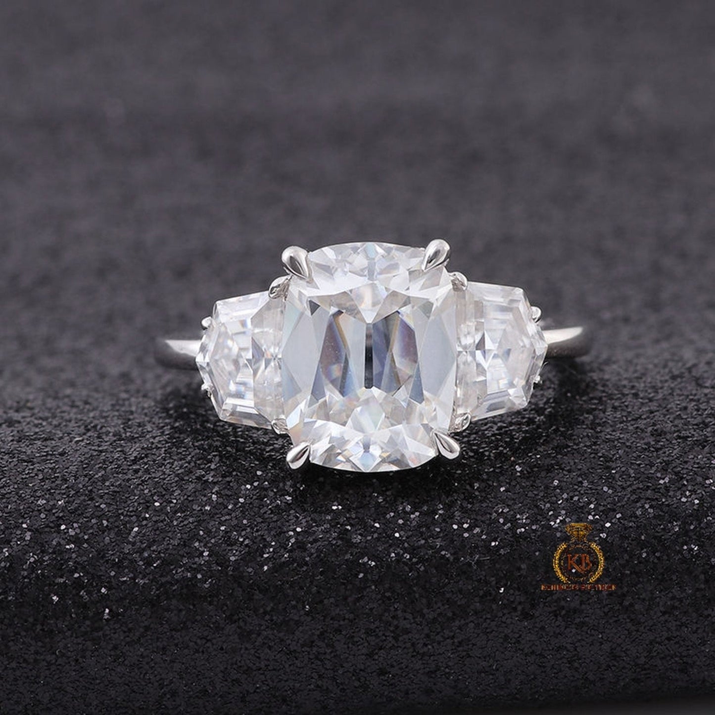 Old mine cut Elongated cushion  and bullet cut 3 stone Moissanite vintage victorian Engagement Ring Engagement\propose\anniversary Ring
