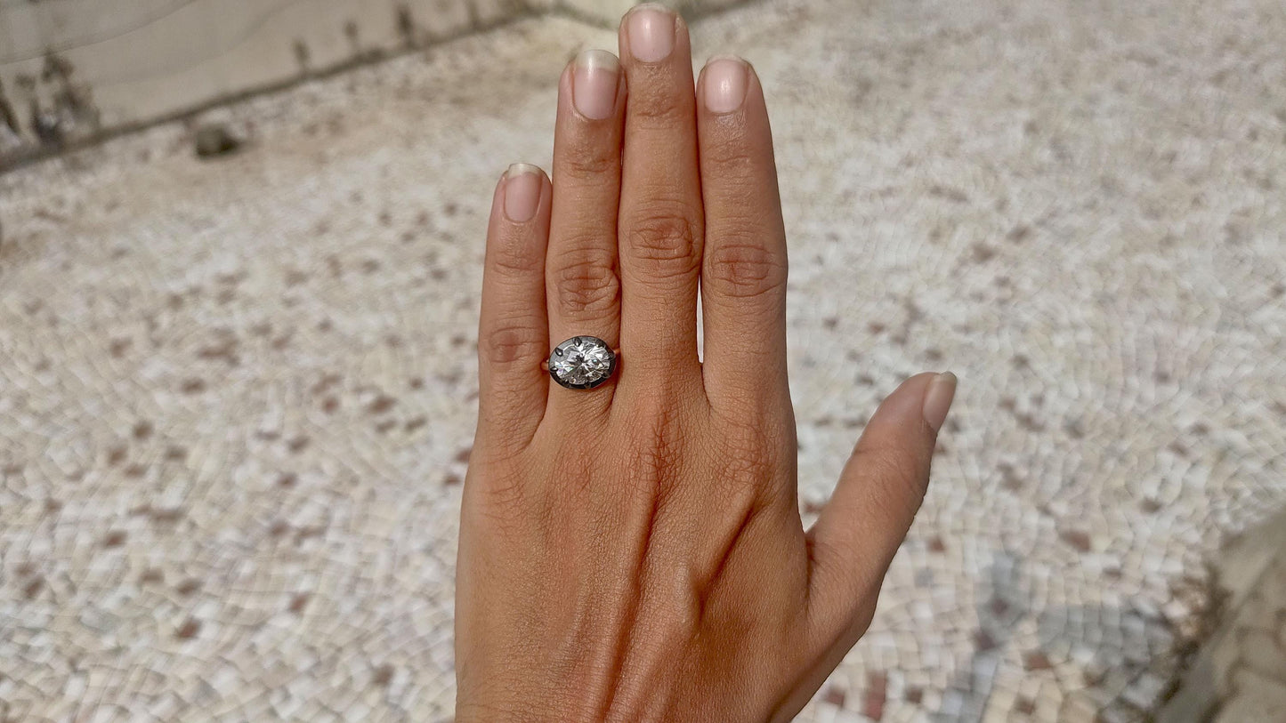 East west set Oval Moissanite Button Back Georgian Cut Down Set Solitaire Engagement ring, blackened gold ring ring for women, Ring for her.