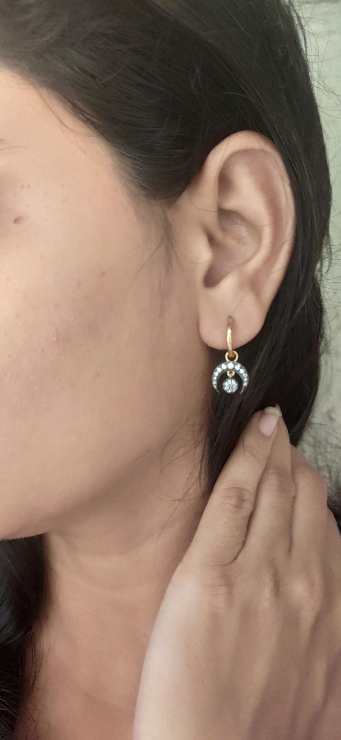 Half moon Lab grown diamond button back Georgian cut down Huggie,2 in 1  statement earring, blackened gold earrings.