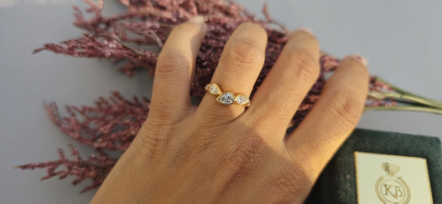 East west Bezel Set Pear Moissanite half eternity ring, Wedding Band, stackable minimalist ring for women, 5 stone anniversary band