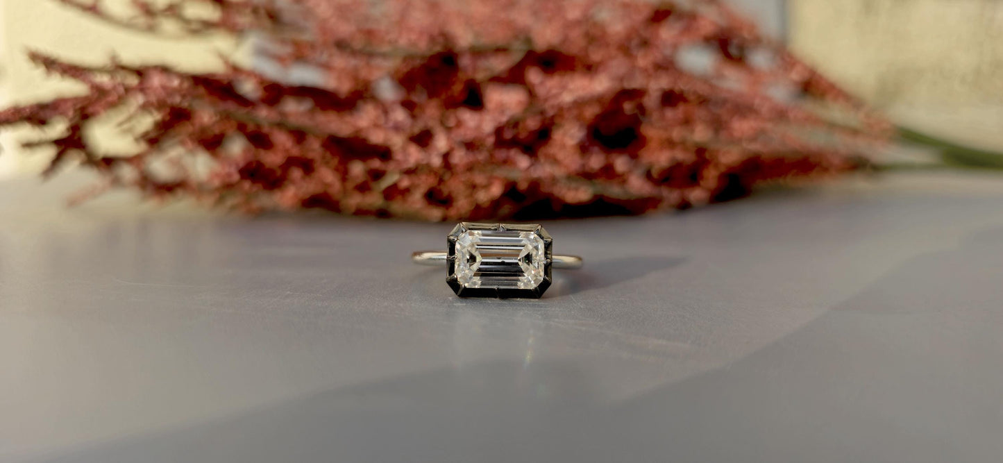 Lab grown East West set Elongated Emerald Cut Georgian cut down button back solitaire engagement ring, ring for her, ring for women