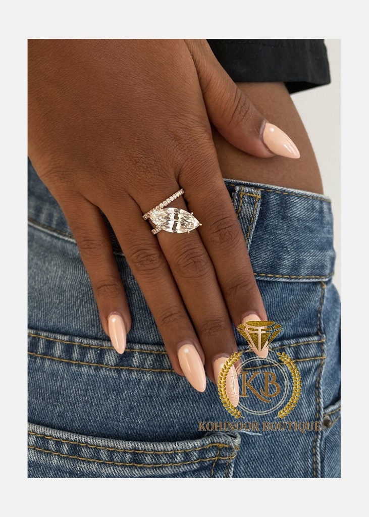 Unique Tilted Floating Marquise Cut Moissanite Double Band Solitaire Engagement\Bridal\propose\anniversary Ring