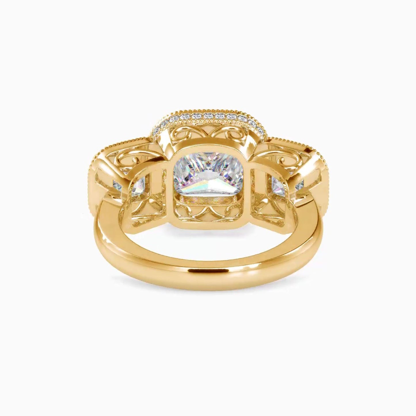 Vintage-inspired Princess cut Moissanite milgrain bezel set Halo with under halo 3 stone Moissanite Engagement ring.