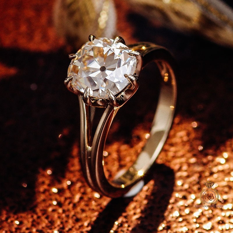 Old Mine Cushion Cut OMC Moissanite Solitaire Engagement ring, Split shank Vintage statement ring, Ring for her, Anniversary Gift for wife