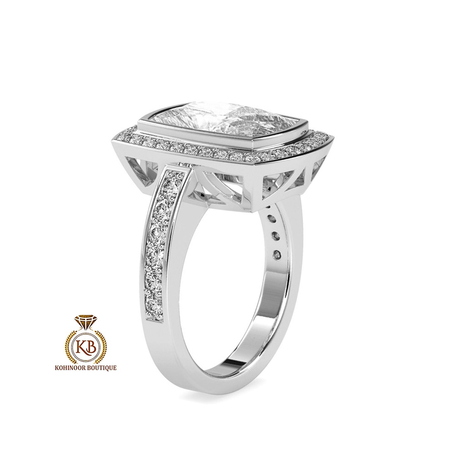 Unique Art Deco Elongated Princess Cut Halo with side pave Band Moissanite Engagement\Wedding\Mother Ring in 18k\14k\10k