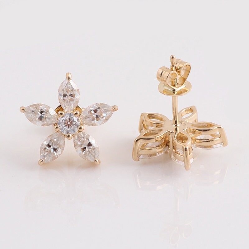 Marquise Cut Flower Petal Moissanite Stud Earrings, Moissanite Wedding Earrings, Push Back Earrings, Anniversary Gift, Mother's Day Gift