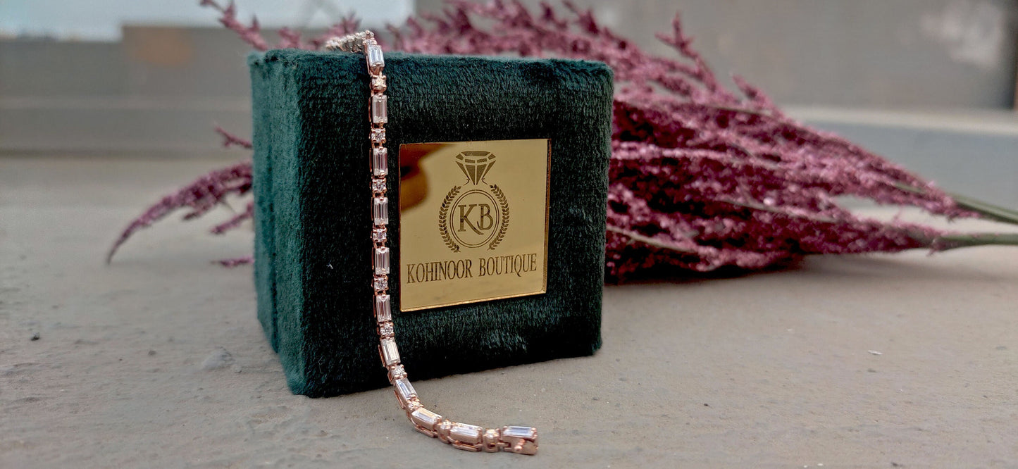 Ready to ship Moissanite Baguette & Round Tennis Bracelet in 7 inch size and in 10k rose gold, Birthday Gift for girls\women