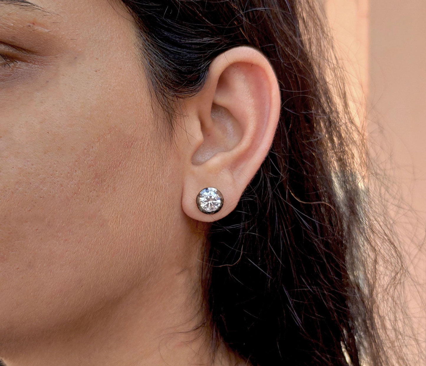 Round Moissanite button back Georgian cut down studs, statement earring, blackened gold earrings, studs earrings for women