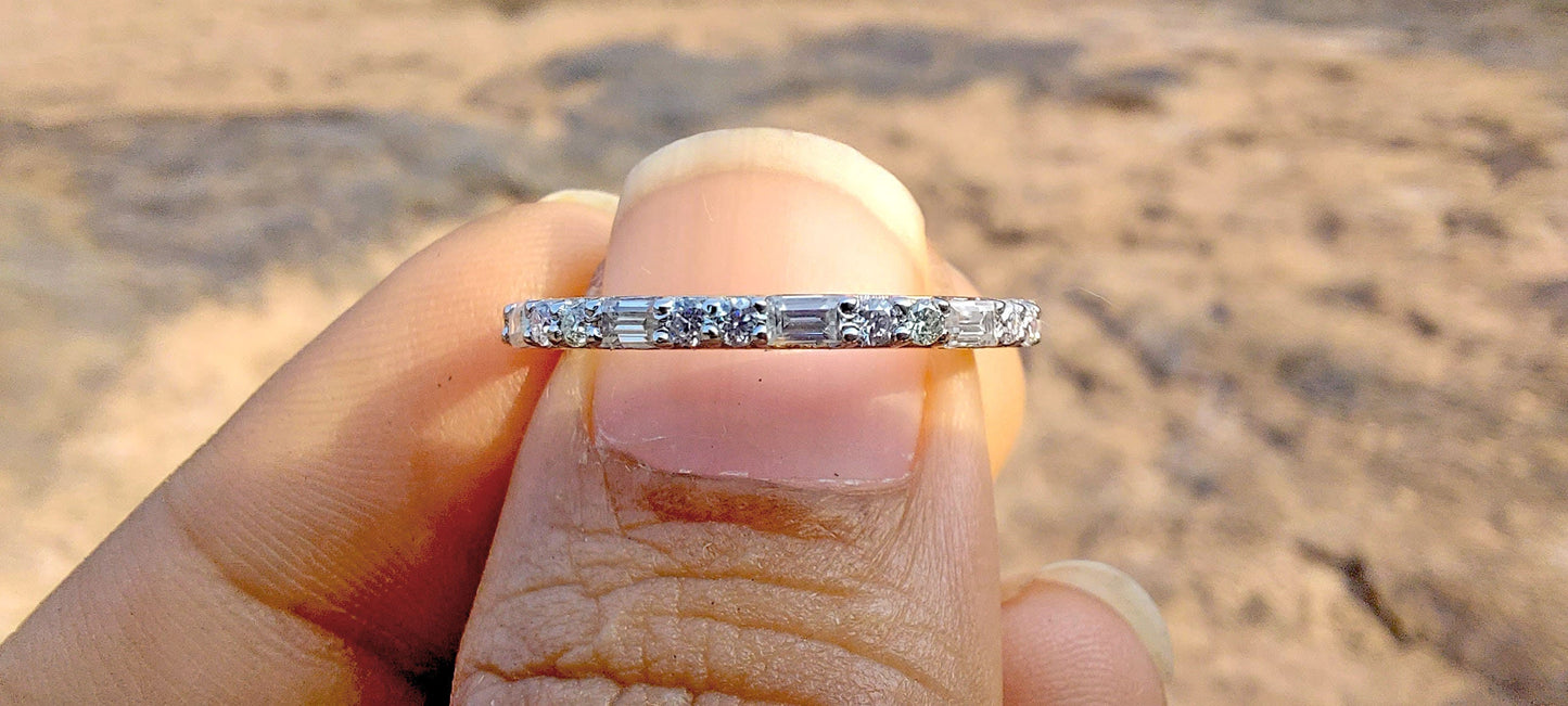 Baguette & Round moissanite Eternity Band, dainty wedding band, stackable minimalist ring