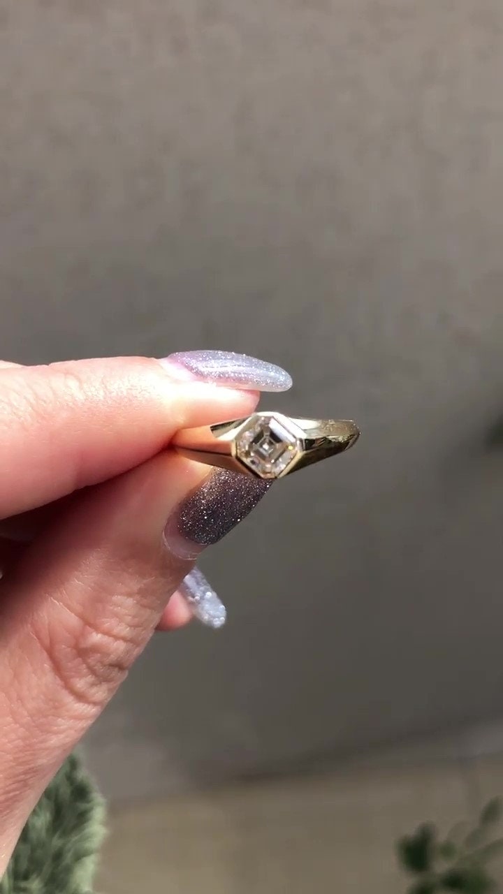 Kite set Asscher Cut Signet style ring Gypsy Set Moissanite Signet band, engagement ring , Men\Women\Unisex\Gender Neutral ring