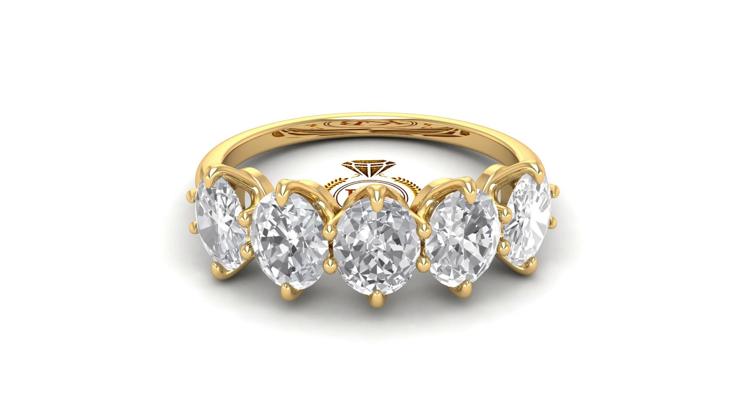 Oval 5-Stone Moissanite Vintage Anniversary band, gift for wife, Wedding Band, Ring for her, Half eternity ring.