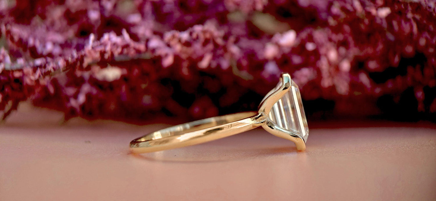 Half Bezel Set Emerald Moissanite Solitaire ring with Knife edge band, Engagement ring for her, ring for women.