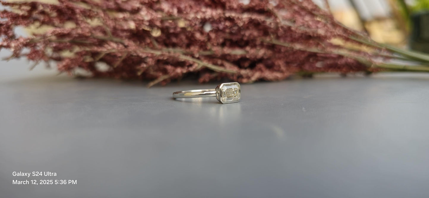 East West Bezel Set Emerald Moissanite Solitaire Engagement Ring, Ring for her, Gift for her, Gift for wife, Promise proposal ring.