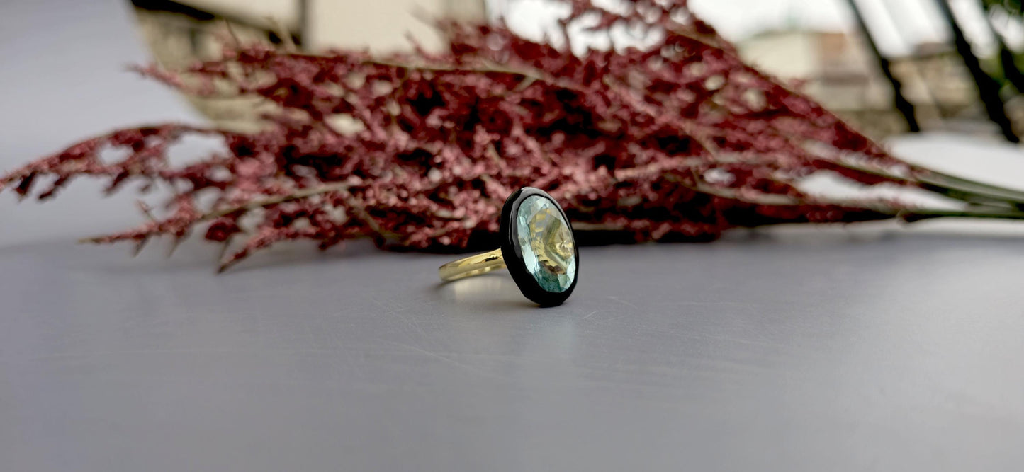 Natural Aquamarine ring with black enamel, Ring for her, party wear ring, statement ring, right hand ring, gift for mother, ring for her