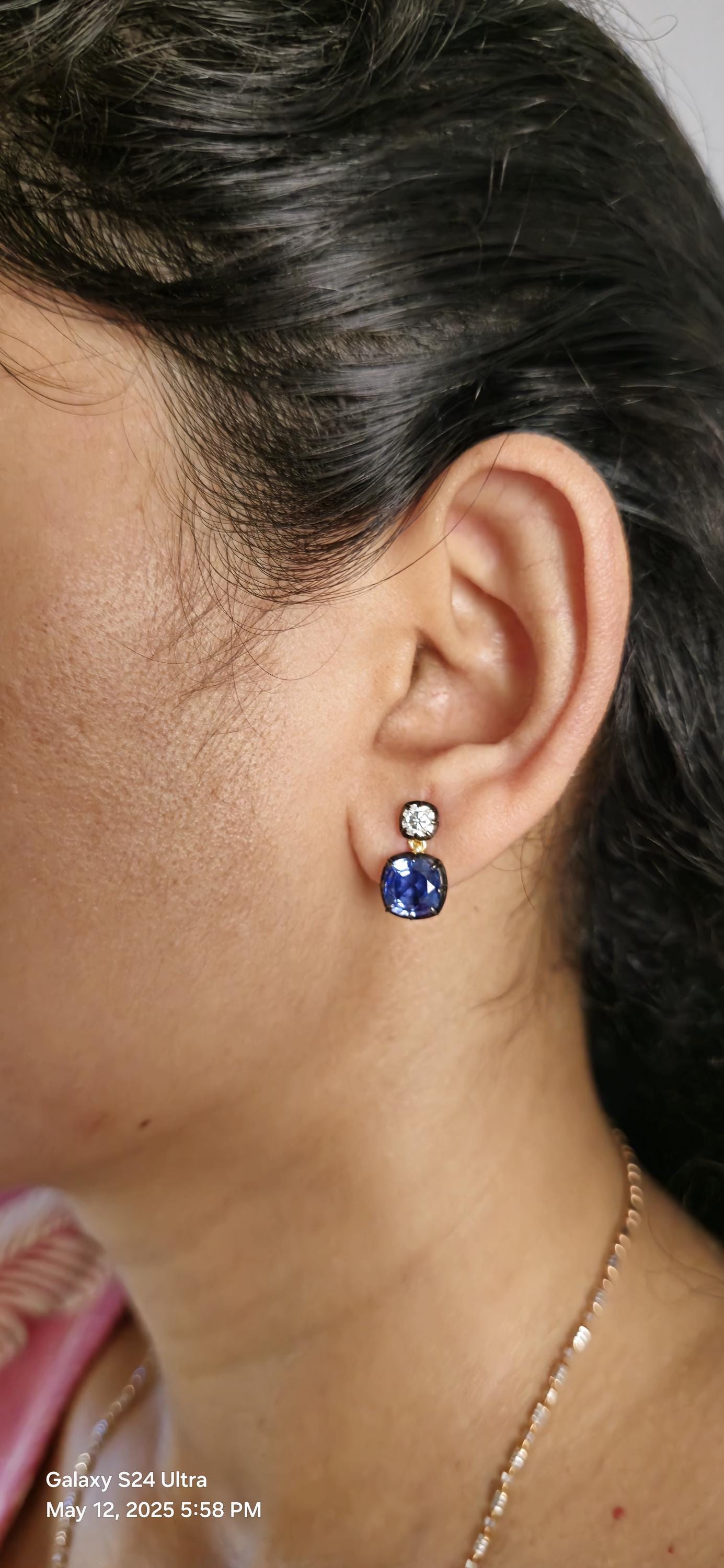 Georgian cut down button back set cushion moissanite and lab grown sapphire earrings, Asymmetrical earrings