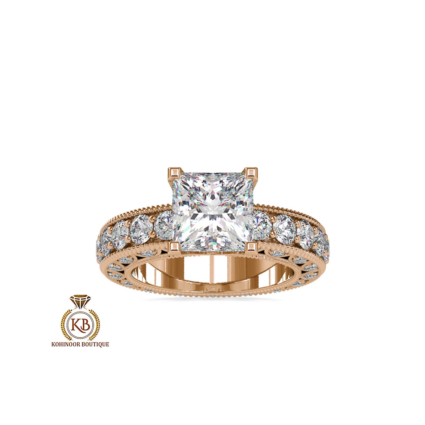 Vintage Princess Cut Moissanite Solitaire Engagement ring with side scallop 3 side pave Band, milgrain detail on band, art deco ring