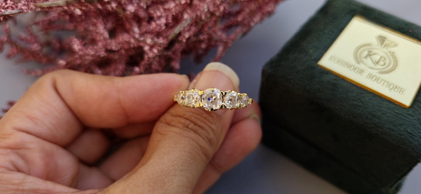 5 stone graduated OMC Old Mine Cut Cushion Moissanite ring, Anniversary Band, Anniversary gift for wife, ring for her, Right-hand ring