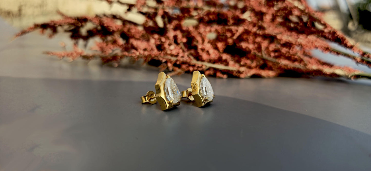 Step cut Pear Cut Moissanite in Georgian cut down setting, Solitaire Stud Earrings, Wedding Earrings, Push Back Earrings, Anniversary Studs