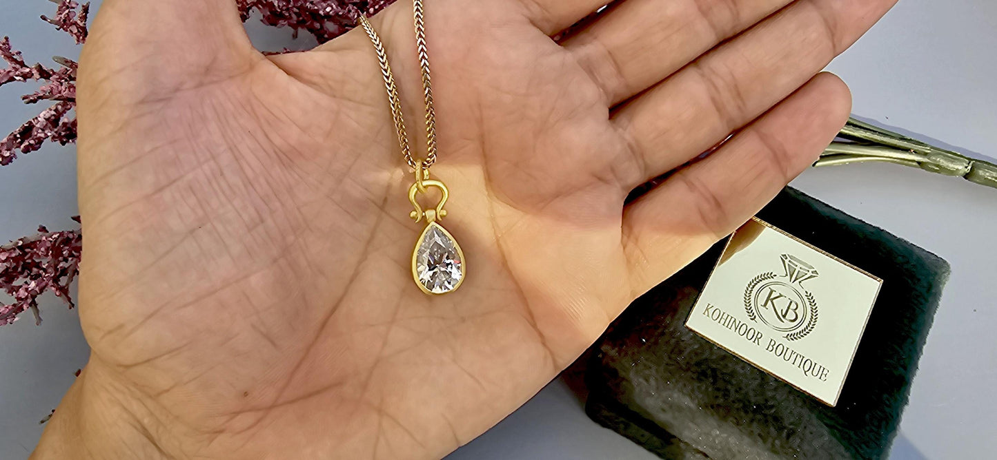Bezel set moissanite Pear button back personalized pendant without chain in silver with matt gold polish, Pendant for women