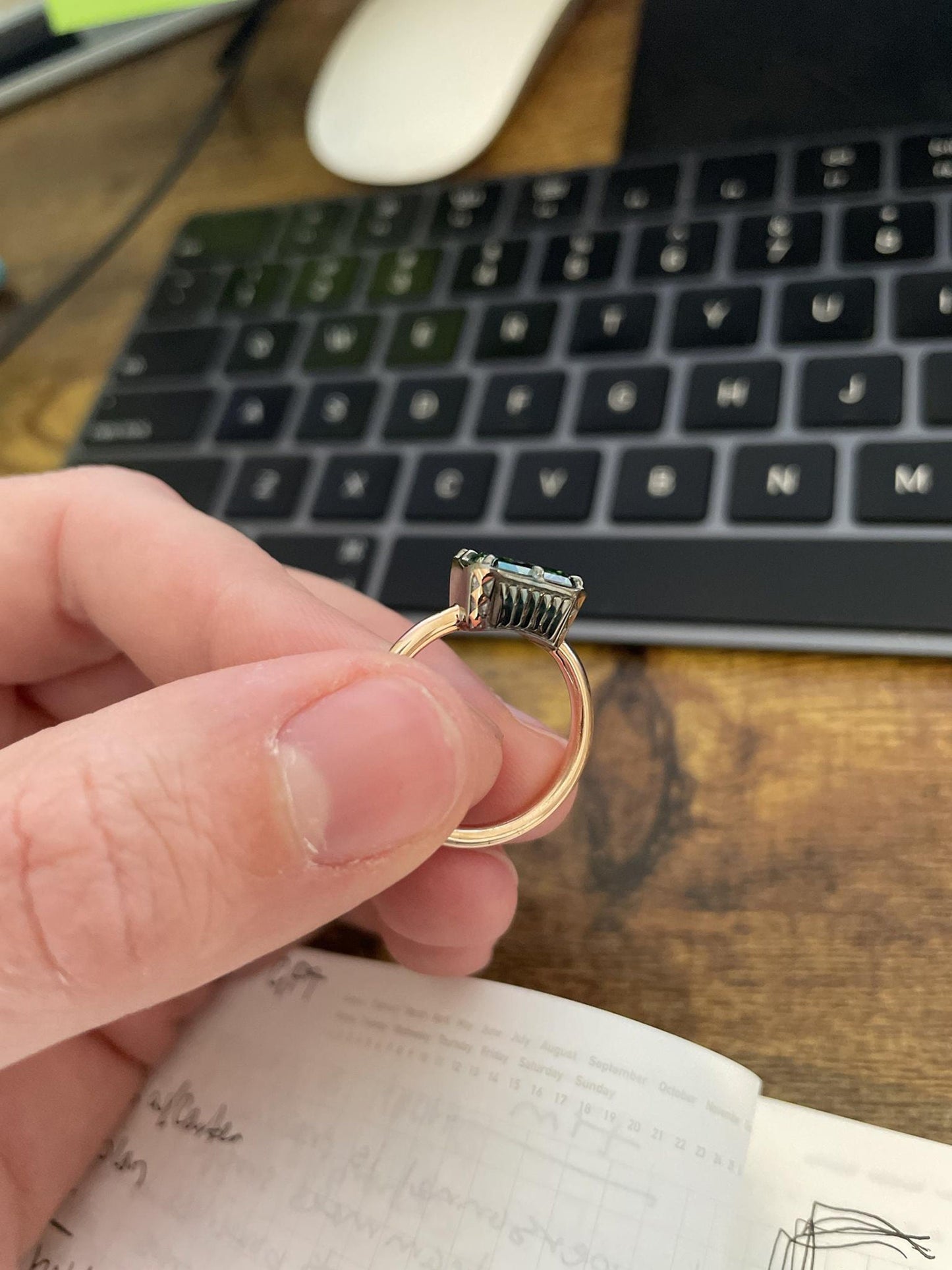 Green Radiant Cut Moissanite East West Georgian Style Bezel Set Solitaire ring, ring for women, Unique ring for her, statement ring