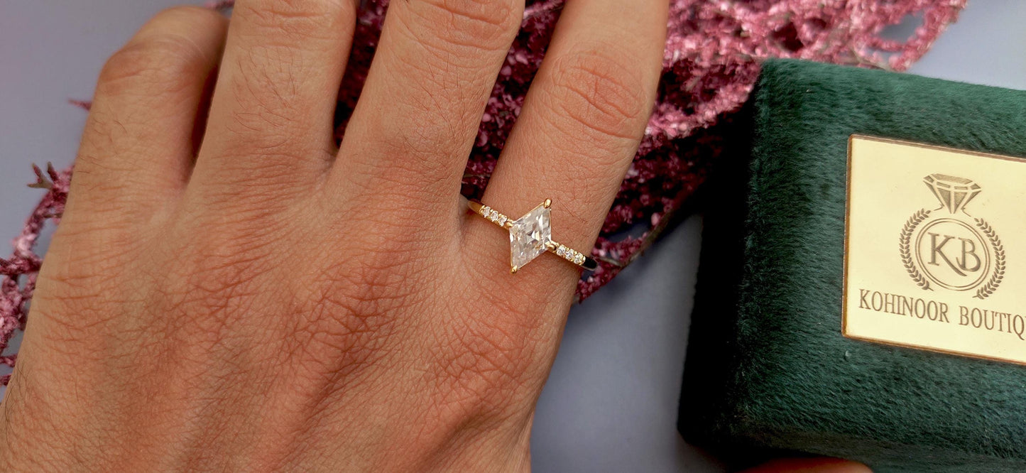Step Cut Lozenge Cut moissanite Solitaire Engagement Ring with side pave, Gift for her, Rings for women, Promise ring, Proposal Ring